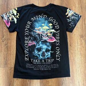 Fresh Laundry Take A Trip Mushroom Black Skull Graphic T-Shirt Mens Size M